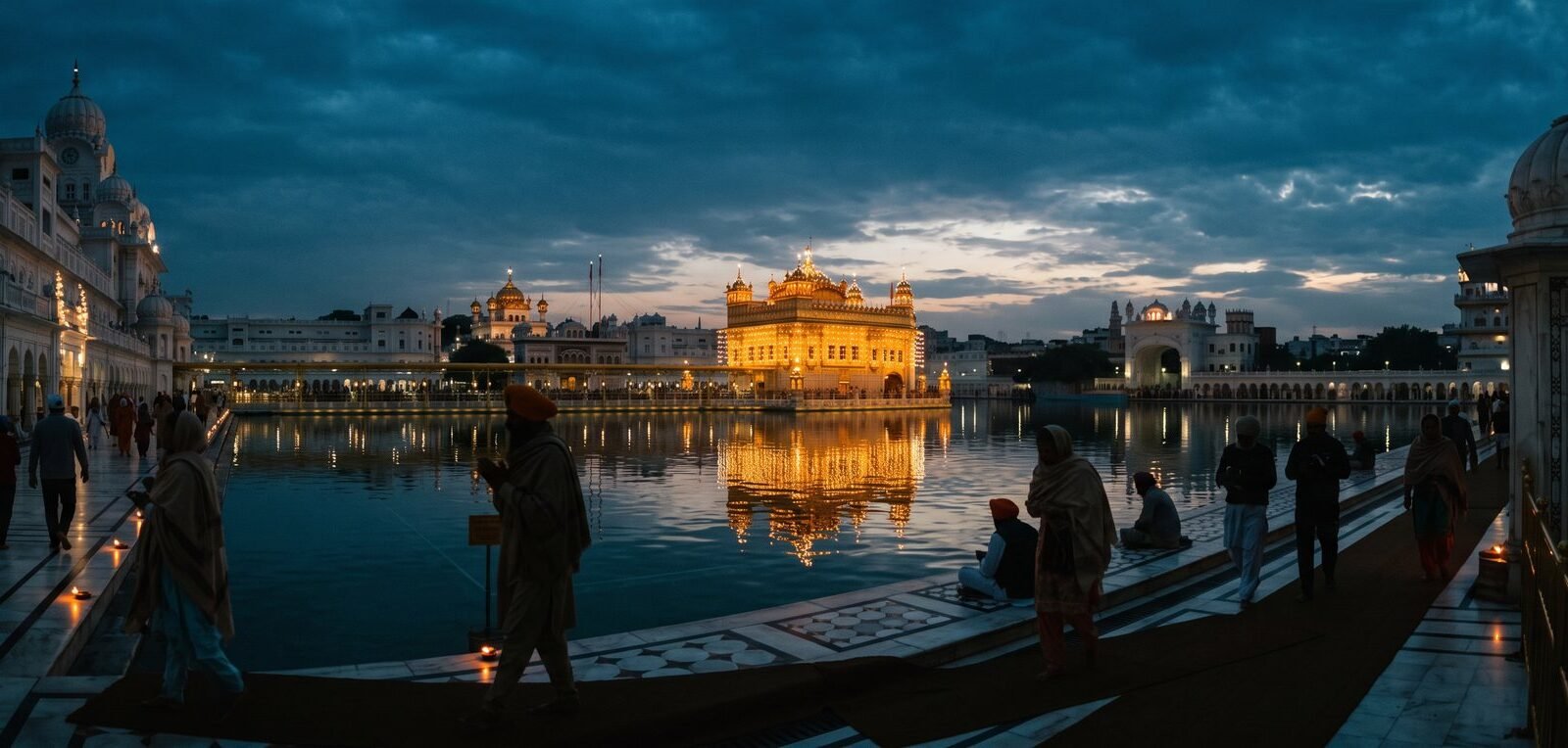 Pilgrims beside the sarovar at the Golden Temple in Amritsar at dusk