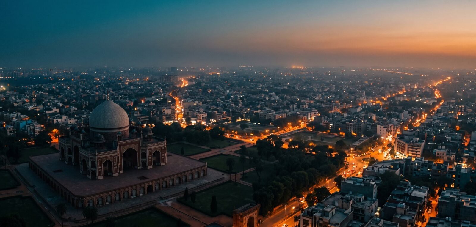 Aerial view of Delhi at dusk with Humayun's Tomb in the foreground