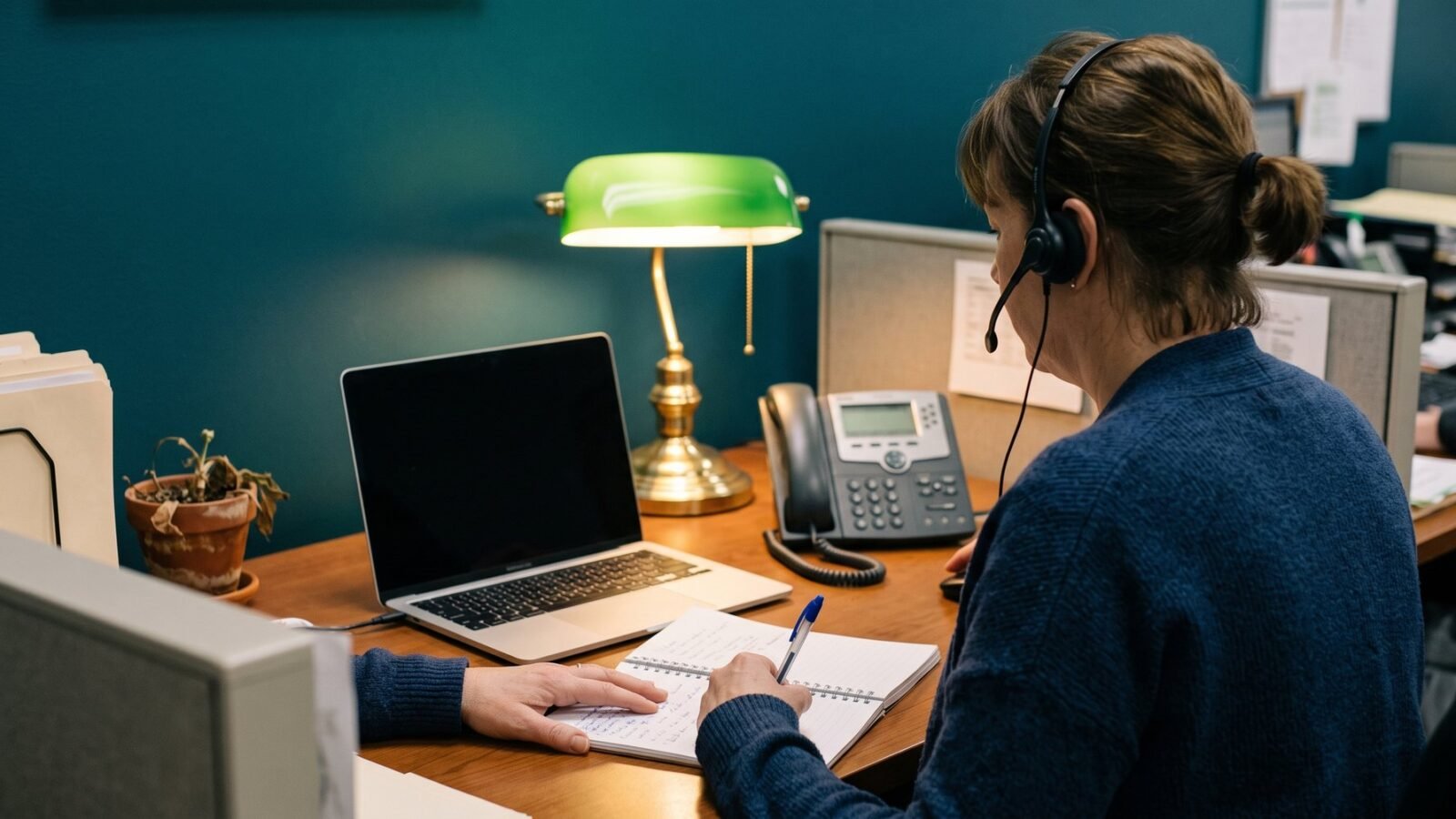 A reservations agent working at a desk with a headset and a landline phone