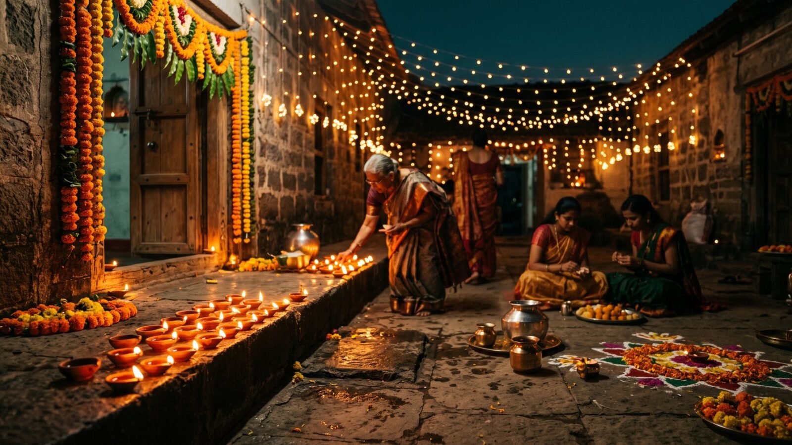 Clay diya lamps lit along a doorstep during Diwali