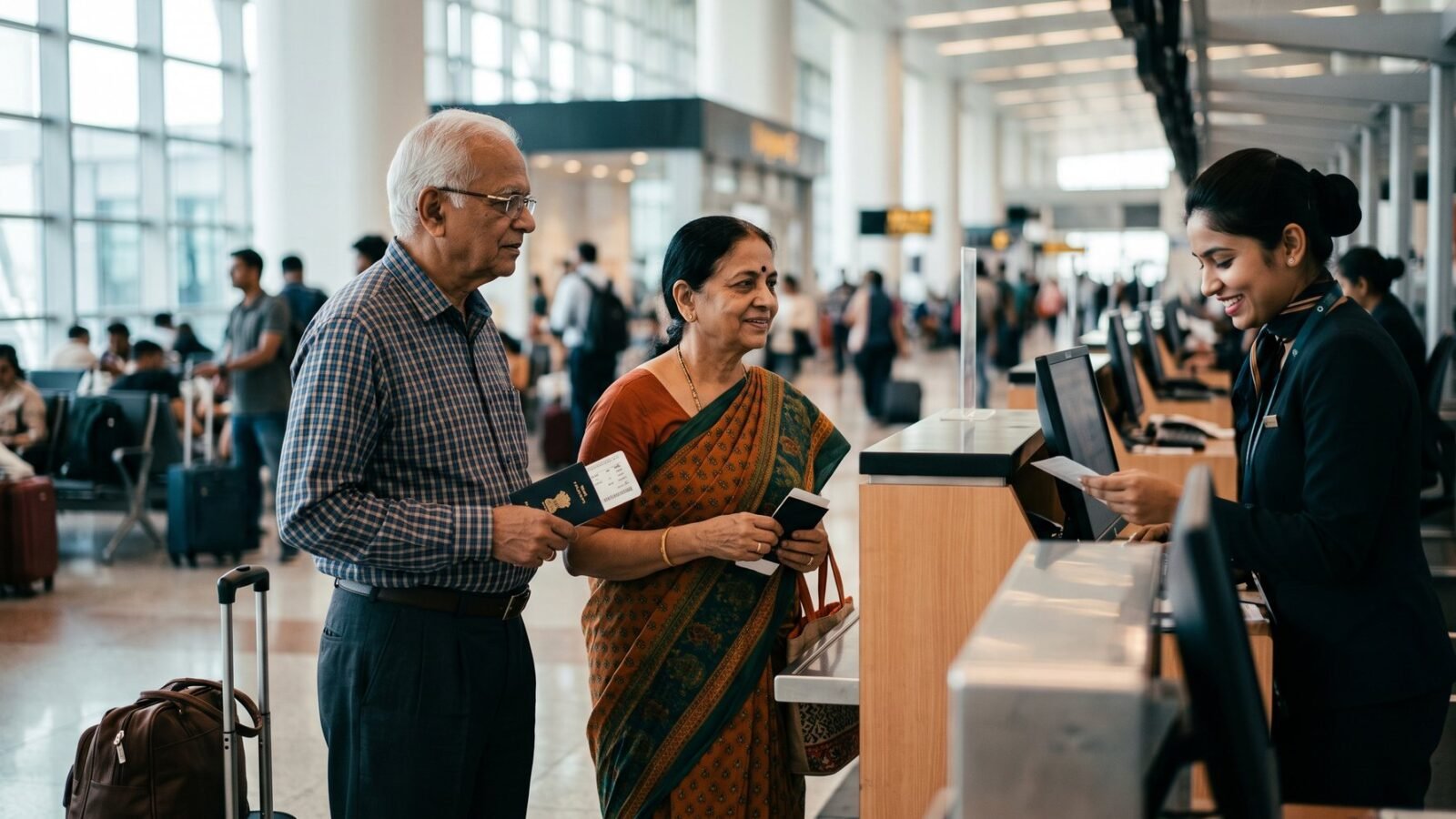 An older couple checking in at an airline counter with a staff member helping