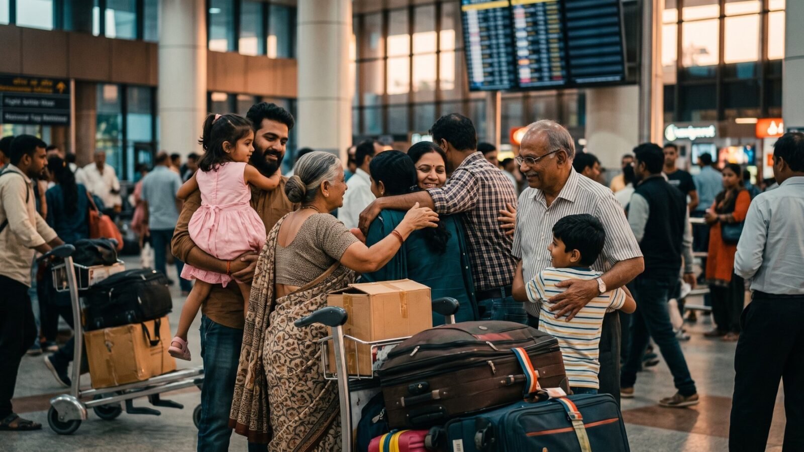 A family greeting relatives with hugs in an arrivals hall, luggage trolleys stacked beside them