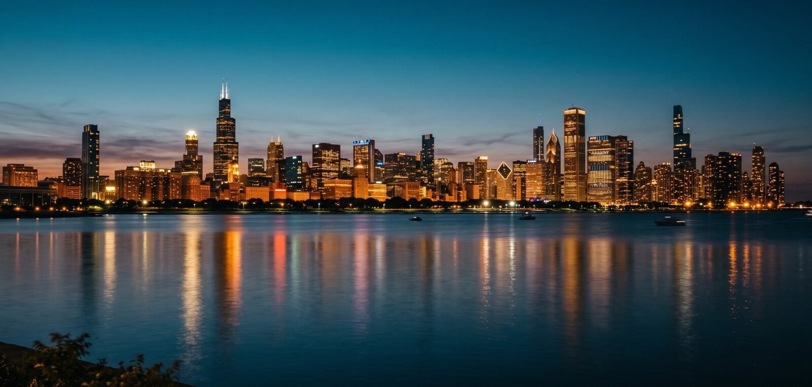The Chicago skyline at dusk reflected in Lake Michigan