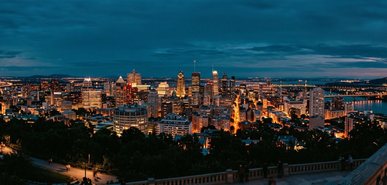Downtown Montreal at dusk seen from the Mount Royal lookout