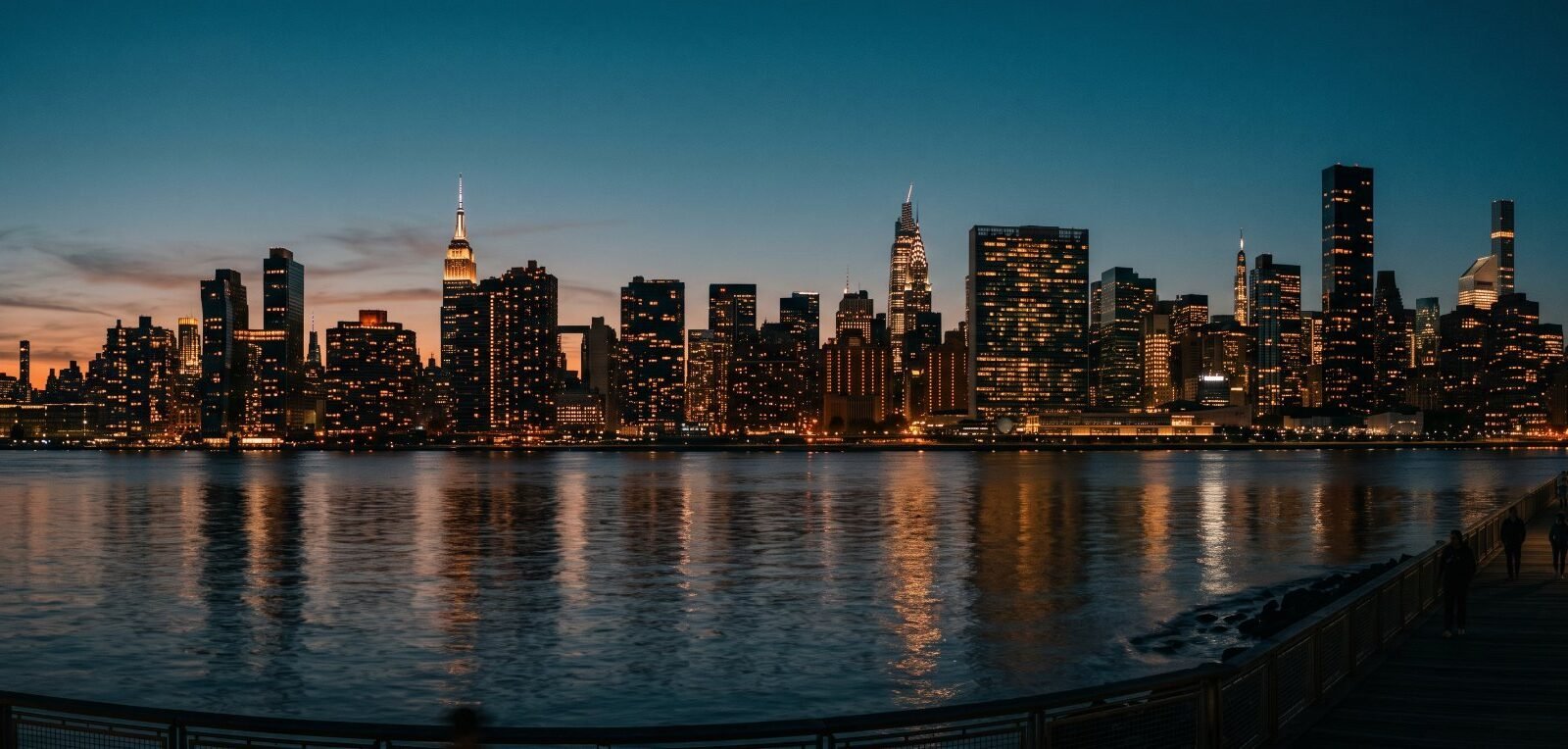 The Manhattan skyline at dusk seen across the water