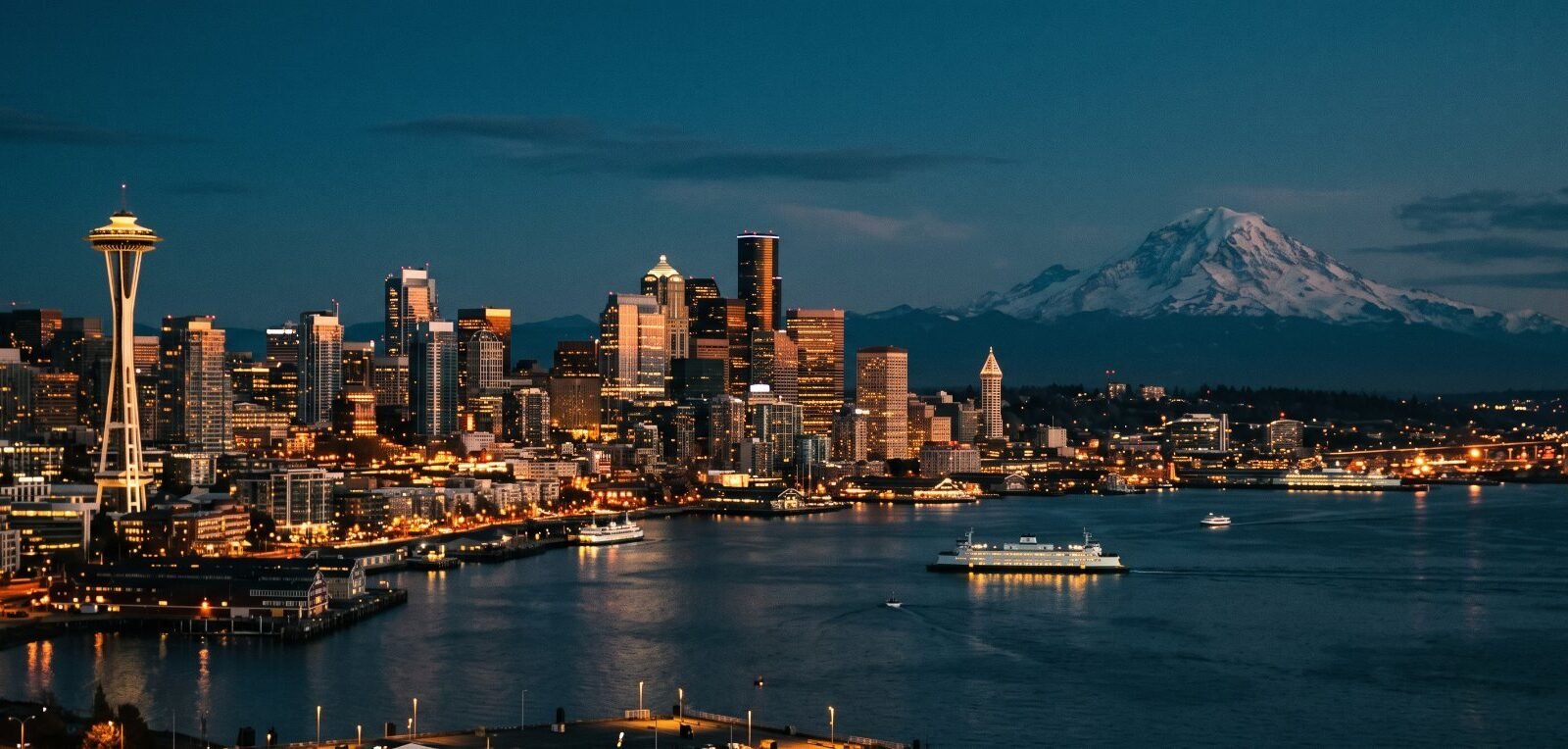 Seattle at dusk with the Space Needle, Elliott Bay and Mount Rainier