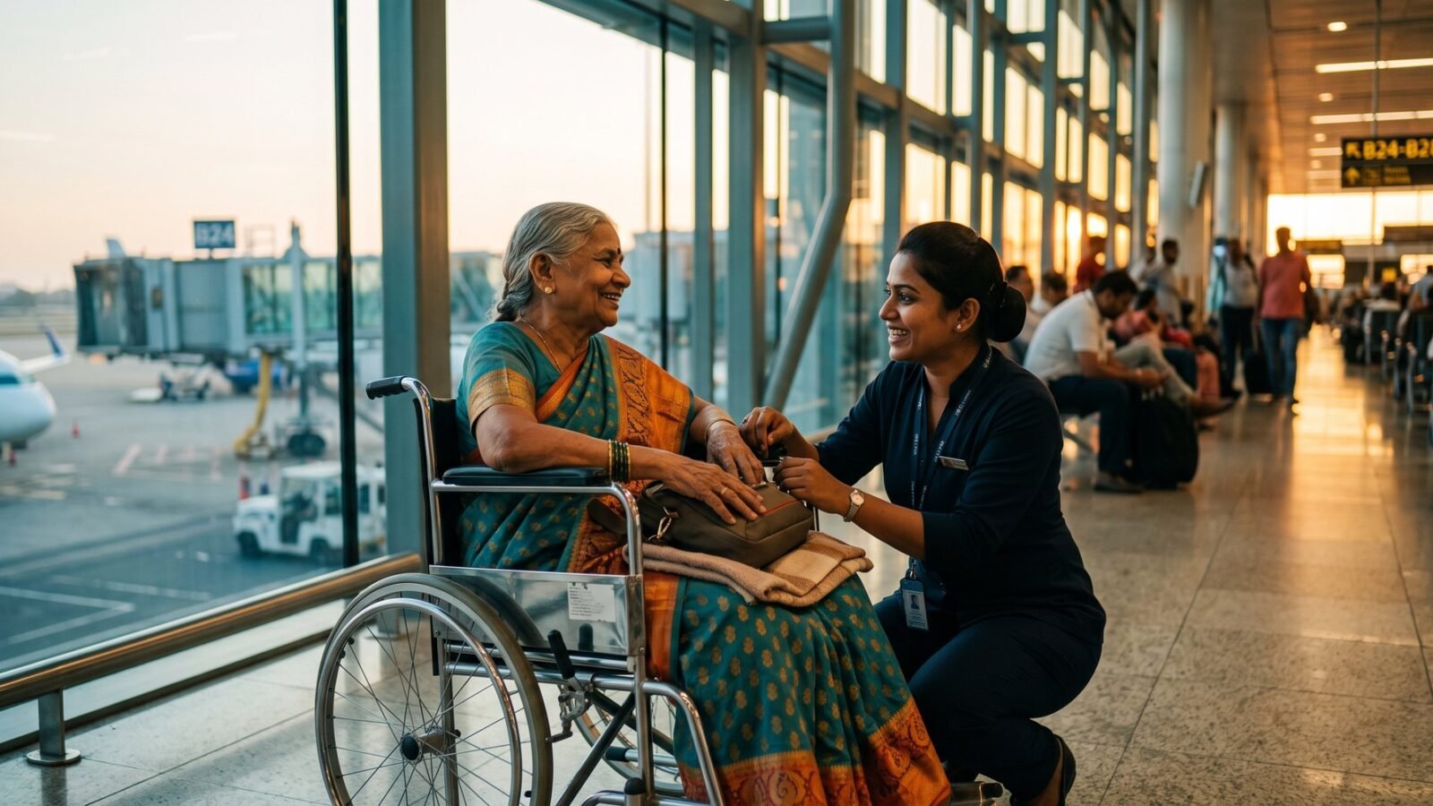 An airport staff member helping an elderly traveller in a wheelchair at a departure gate