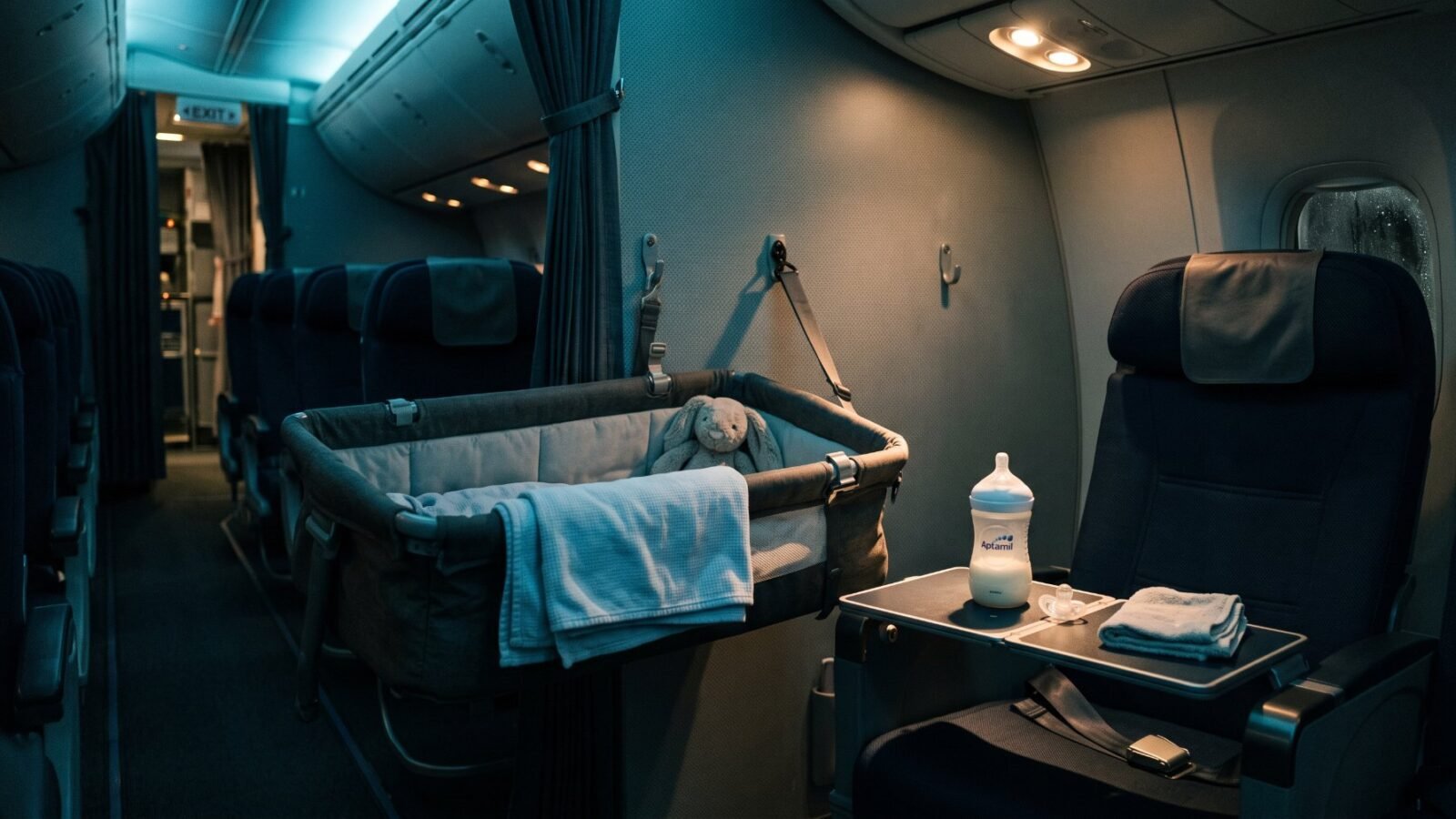 An empty bassinet fixed to the bulkhead of an aircraft cabin, with a bottle and blanket beside the seat