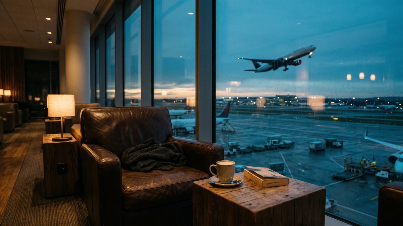 A leather armchair and coffee in an airport lounge, looking out at the apron as a plane takes off