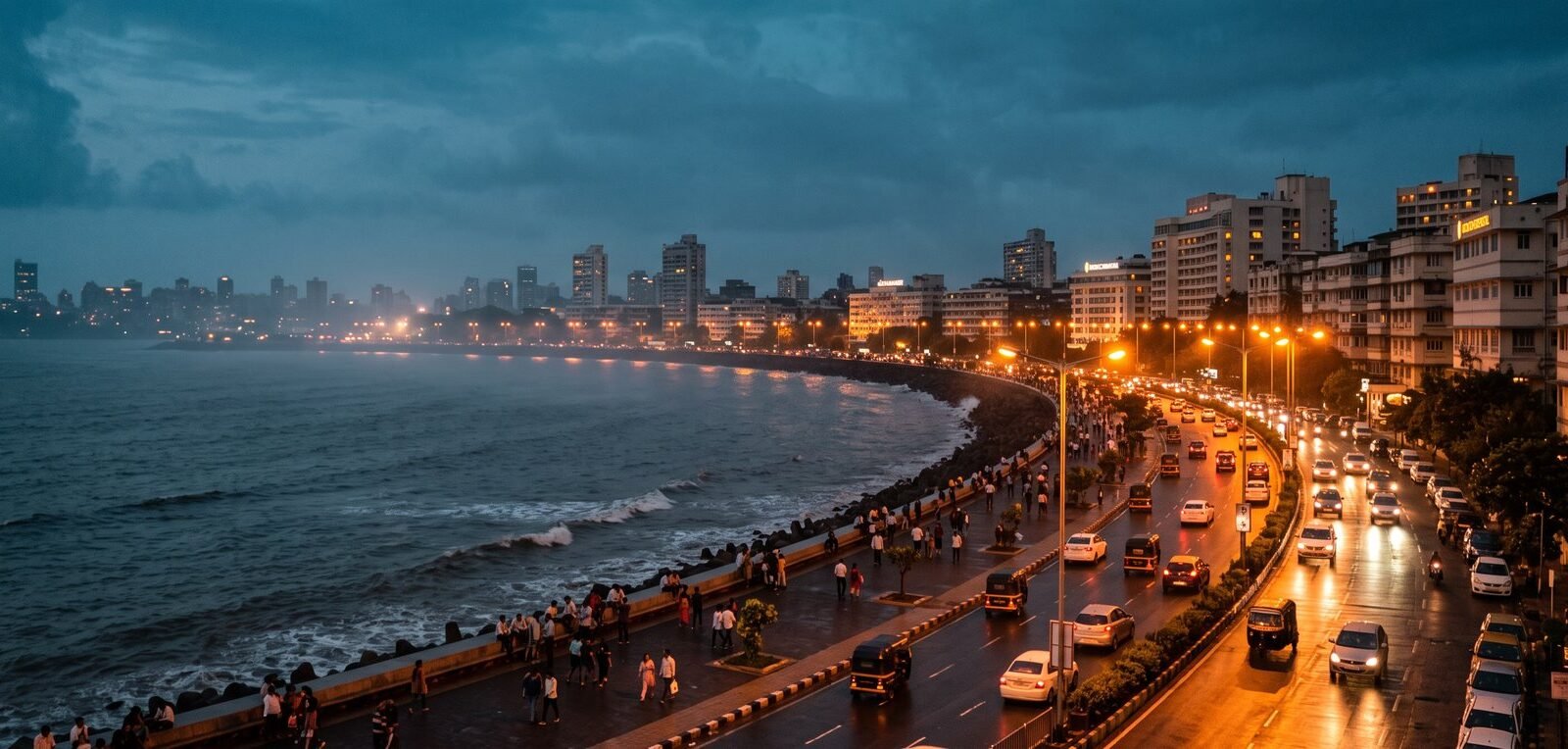 Marine Drive in Mumbai at dusk, the sea wall curving past lit apartment blocks