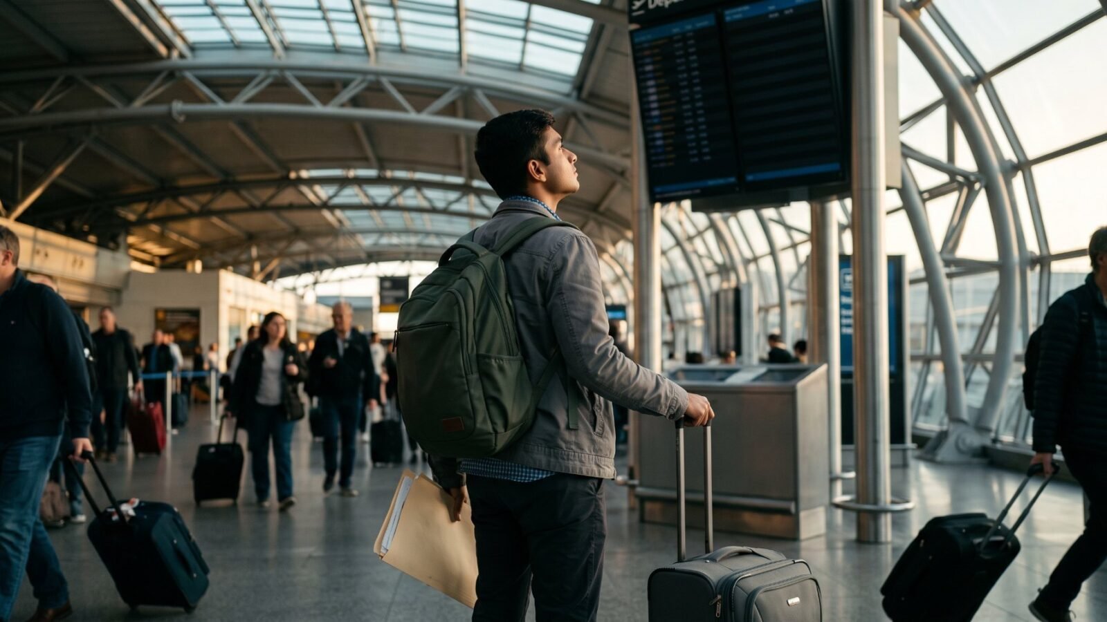A student with a backpack and folder looking up at the departure board in an airport terminal