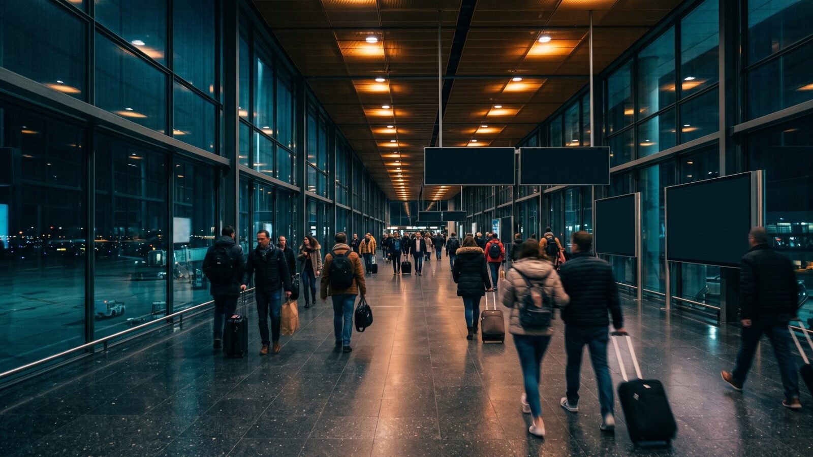 Travellers moving through an international airport transfer corridor at night